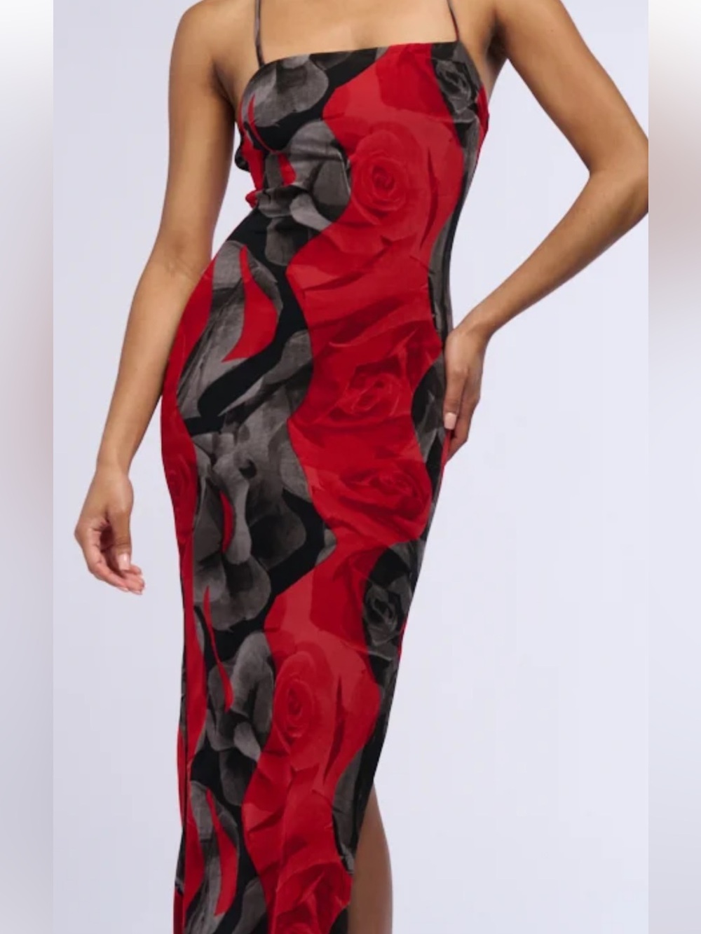 Red & Black Floral Slip Midi Dress - Sleek Spaghetti Strap Dress